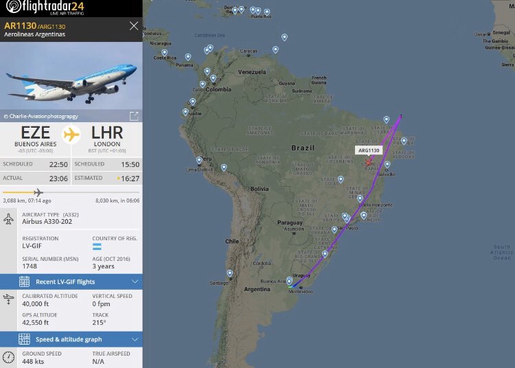 Aerolineas Argentinas flight AR1130 from Bueons Aires to London has turned around over the Atlantic. Reason unknown