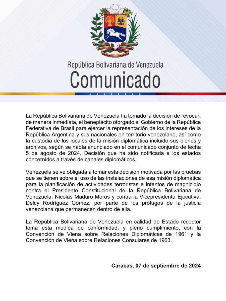 Maduros Regierung bestätigt, dass sie Brasilien die Erlaubnis zum Schutz der argentinischen Botschaft in Caracas einseitig entzogen hat