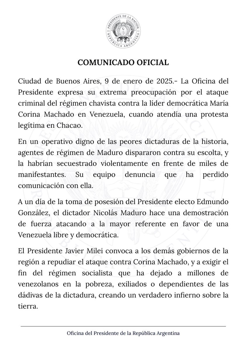 Javier Milei's government strongly condemns the violent kidnapping of María Corina Machado in an operation in which a bodyguard was injured