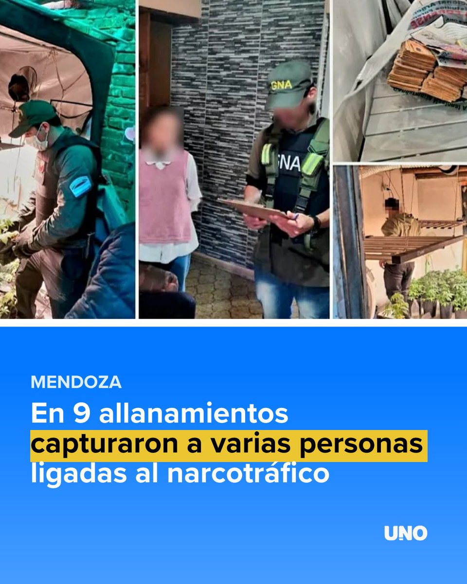 The Federal Court ordered nine raids in different areas of Mendoza for a drug trafficking investigation. The National Gendarmerie arrested eight people and seized cocaine, marijuana, cell phones, $5 million, $1,800, and other items of interest to the case.